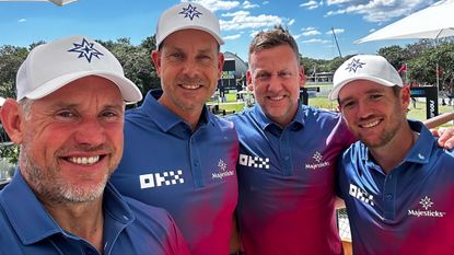 (L to R) Lee Westwood, Henrik Stenson, Ian Poulter, and Sam Horsfield smile at the camera in Majesticks polo shirts