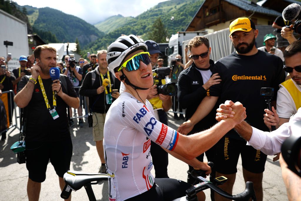 VALLOIRE FRANCE JULY 02 Stage winner Tadej Pogacar of Slovenia and UAE Team Emirates reacts after the 111th Tour de France 2024 Stage 4 a 1394km stage from Pinerolo to Valloire UCIWT on July 02 2024 in Valloire France Photo by Stephane Mahe PoolGetty Images