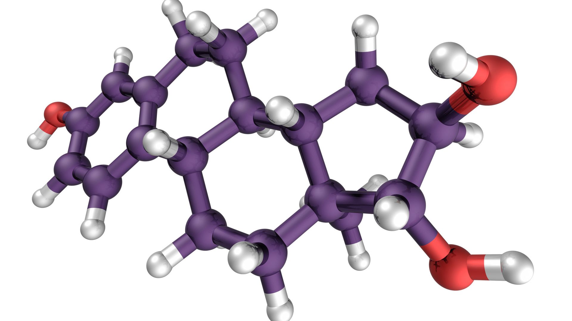 A molecule with purple and red bonds against a white background