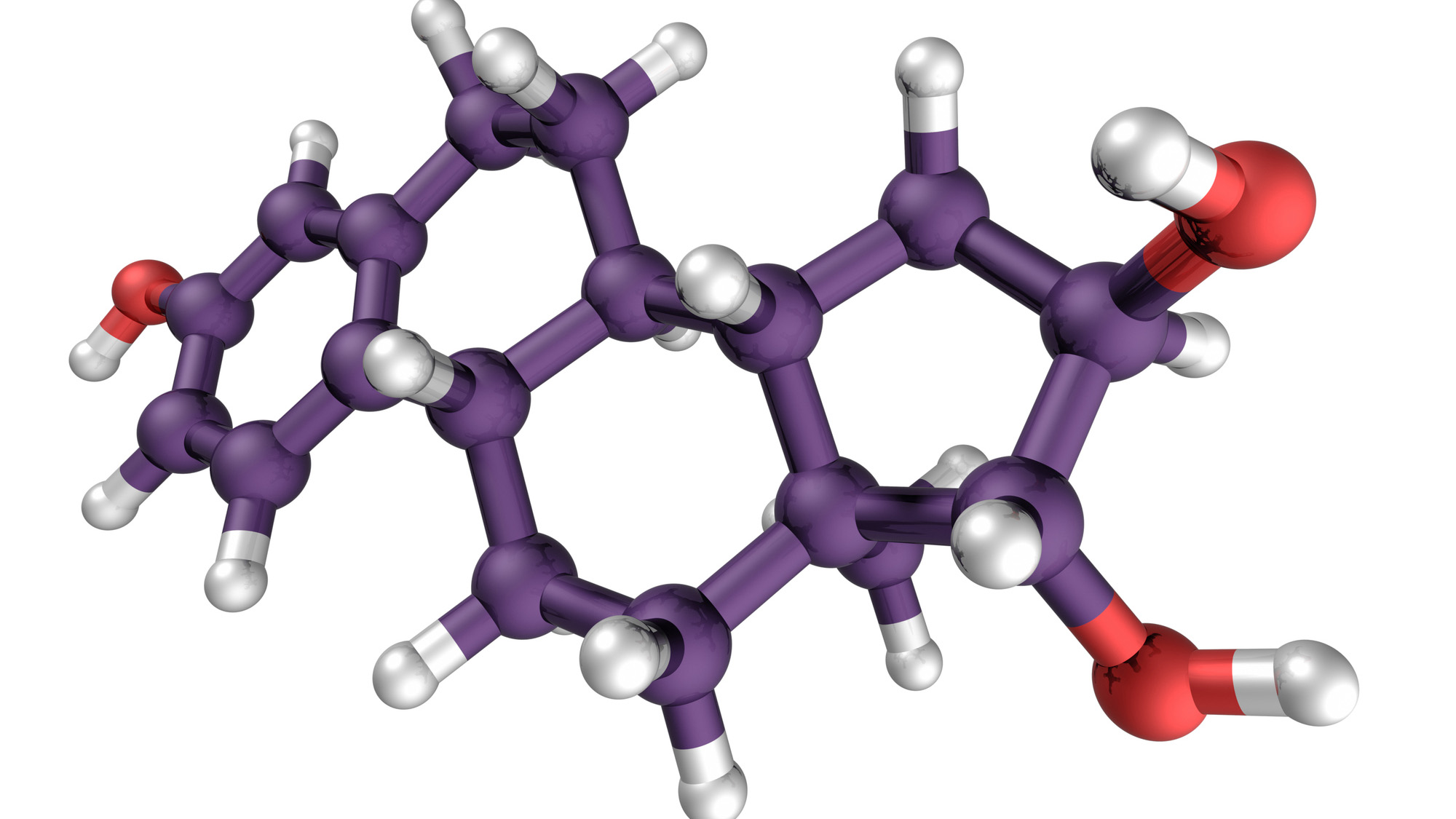 A molecule with purple and red bonds against a white background