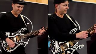 Dweezil Zappa playing his custom electric guitar during The Eruption Challenge