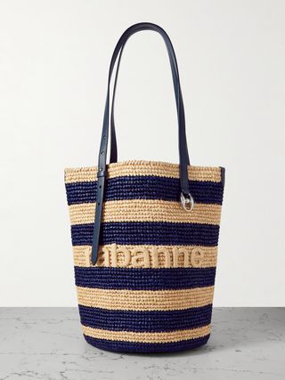 Leather-Trimmed Logo-Embroidered Striped Raffia Tote