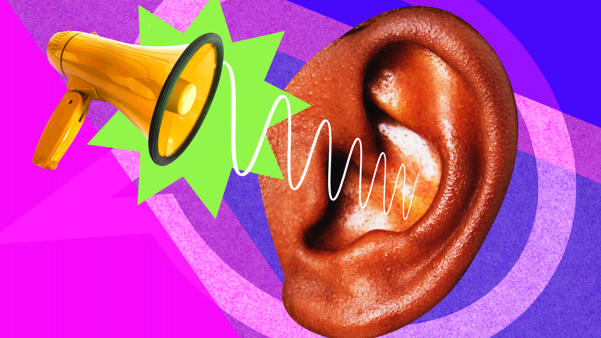 Megaphone blasting sound wave towards cutout of ear