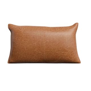 A rectangular tan throw pillow