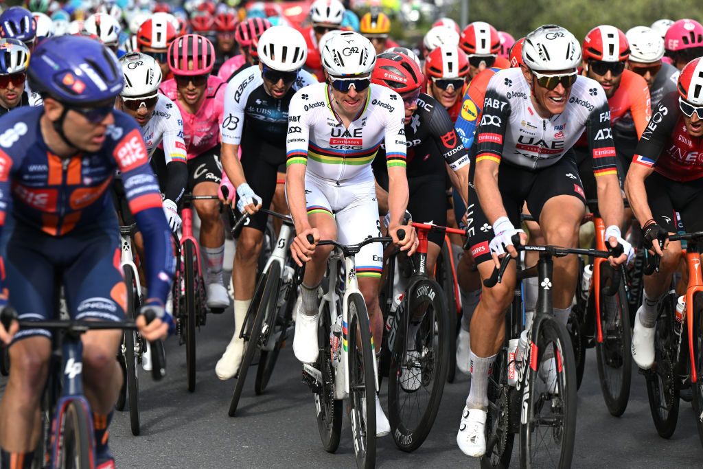 SANREMO ITALY MARCH 22 Tadej Pogacar of Slovenia and Team UAE Team Emirates competes during the 116th MilanoSanremo 2025 a 289km one day race from Pavia to Sanremo UCIWT on March 22 2025 in Sanremo Italy Photo by Dario BelingheriGetty Images