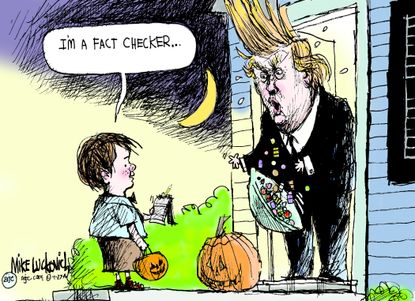 Political cartoon U.S. 2016 election Donald Trump Halloween Fact checker