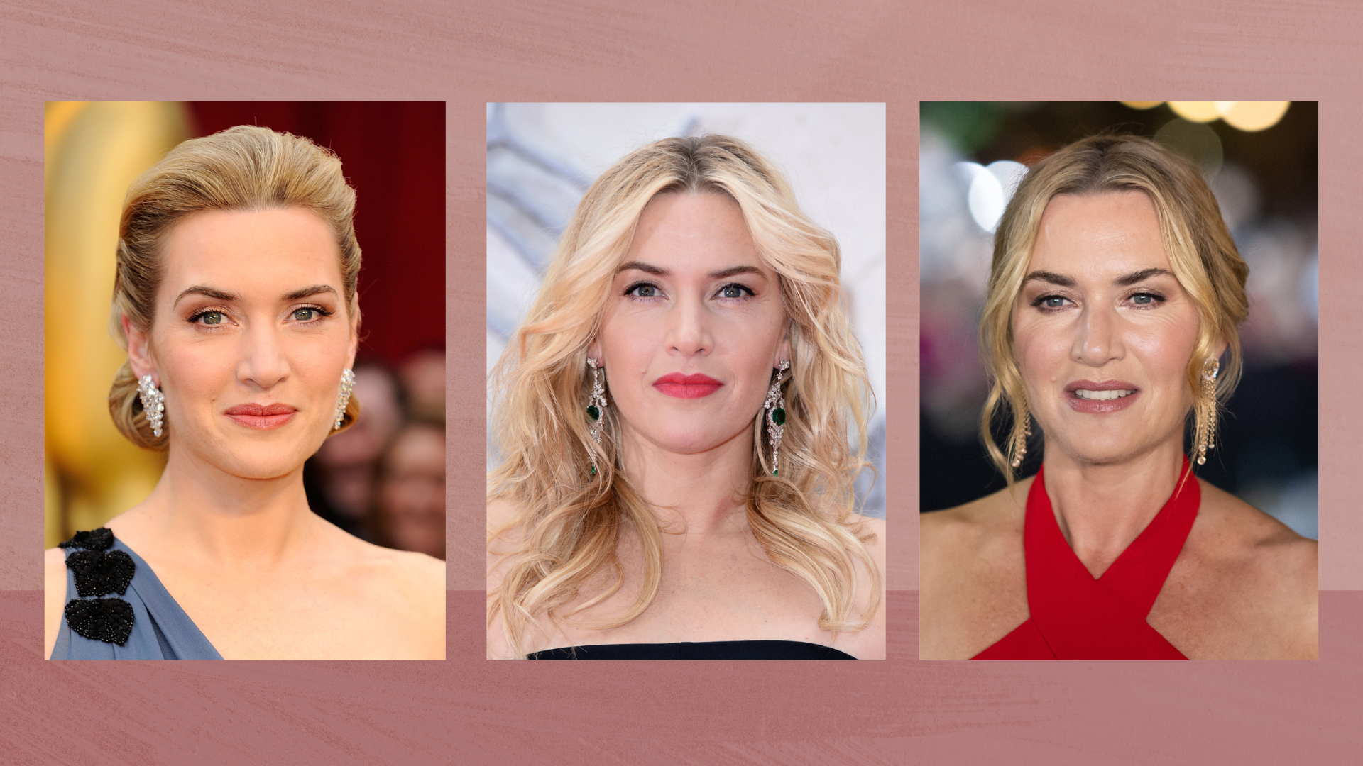 Trio of vertical images of Kate Winslet set against a dark pink watercolour-style background