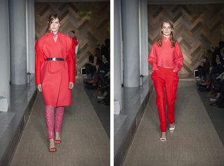Two pictures of female models wearing red outfits walking the catwalk