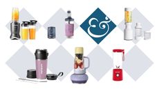 A collection of portable blenders on a white background with light blue and a dark blue 