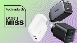 Three wall chargers on a green and purple background