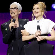 Jamie Lee Curtis and Lindsay Lohan appear at the Disney Entertainment Showcase at D23: The Ultimate Disney Fan Event in Anaheim, California on August 09, 2024. 