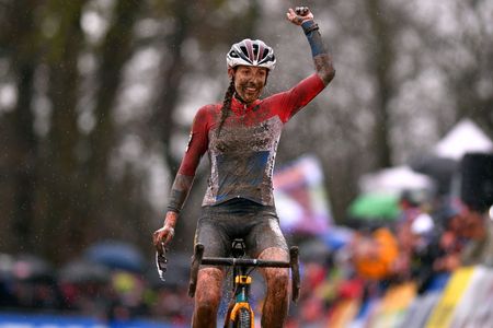 NAMUR BELGIUM DECEMBER 22 Arrival Lucinda Brand of The Netherlands and Team Telenet Baloise Lions Celebration during the 11th Namur World Cup 2019 Women Elite UCICX TelenetUCICXWC on December 22 2019 in Namur Belgium Photo by Luc ClaessenGetty Images