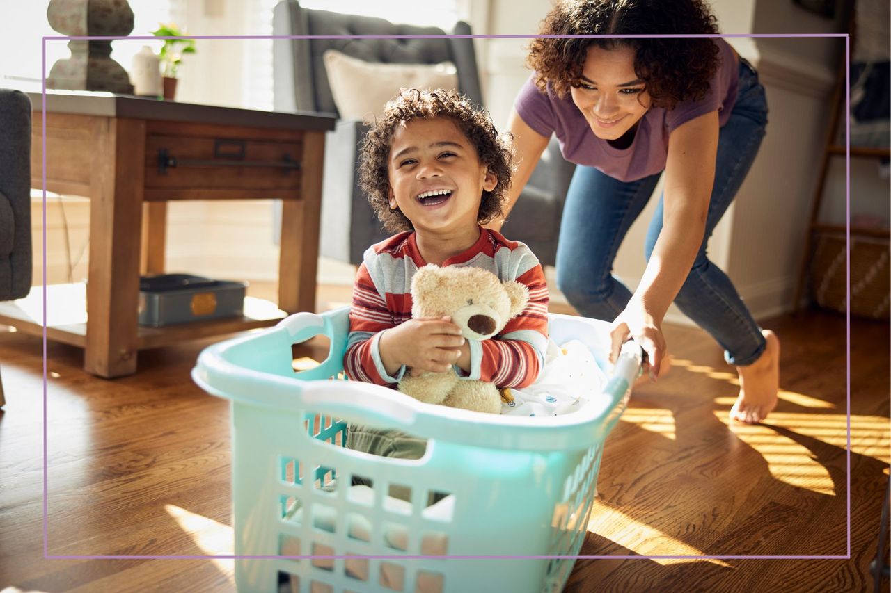 Childhood memorie illustrated by adult pushing kid aroudn in washing basket