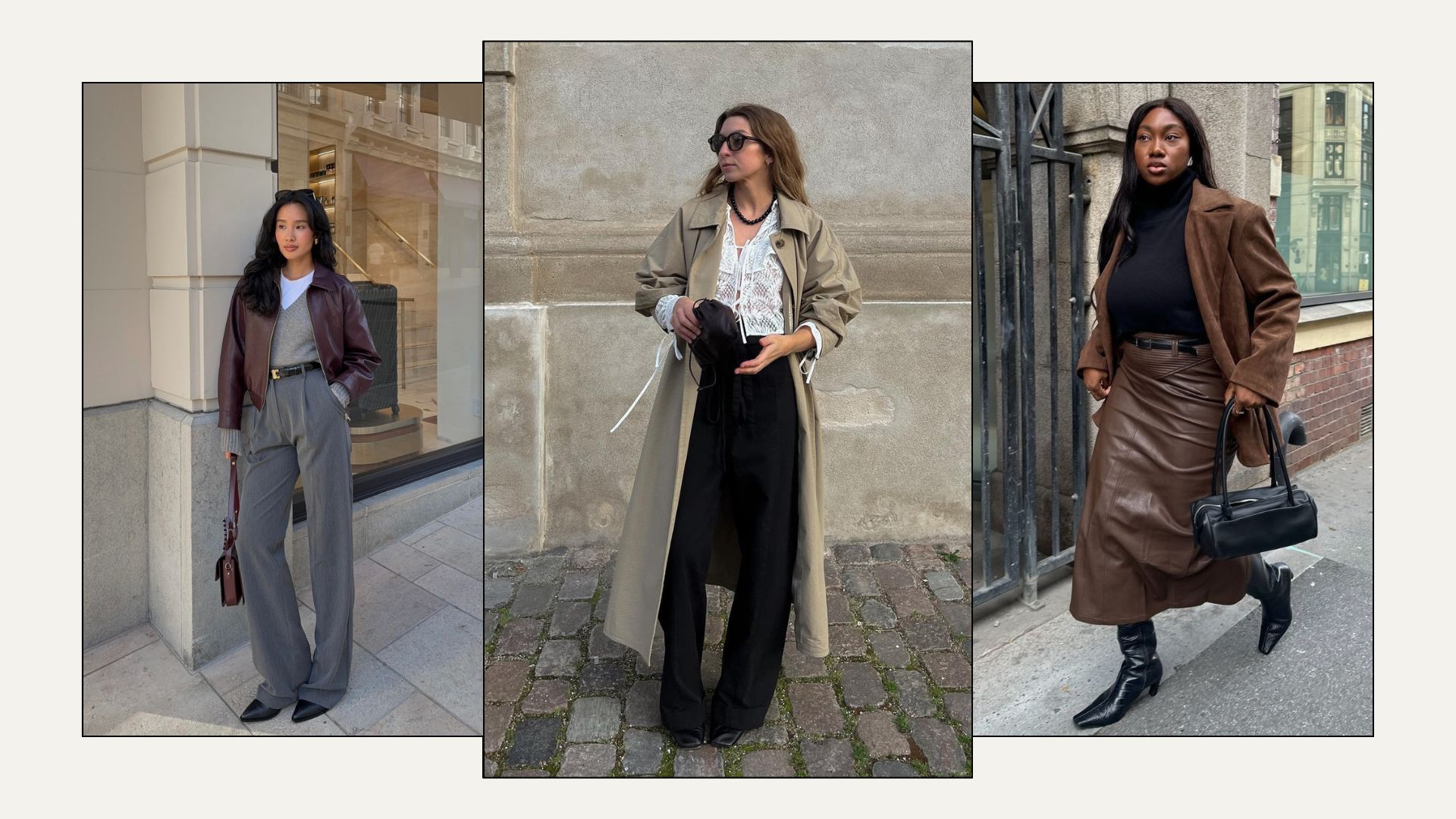Woman wears leather jacket and tailored trousers; woman wears trench coat and black trousers; woman wears blazer and leather skirt 