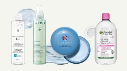 Collage of the best makeup removers from Vichy, Caudalie, Tatcha and Garnier on a light green background, with product swatches