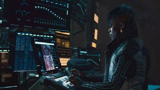 Brigitte in Cyberpunk 2077 using a terminal.