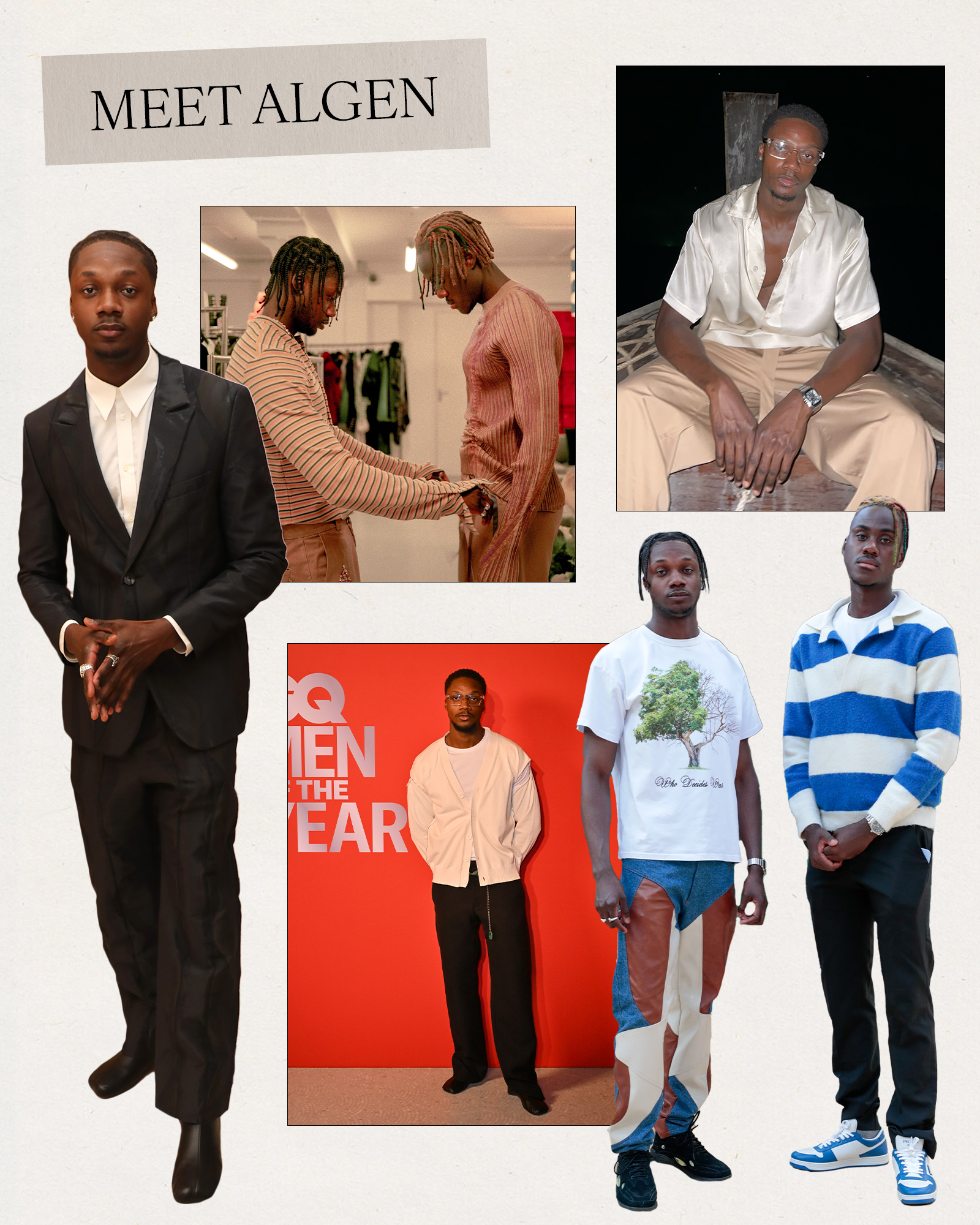 A slide with the title, "Meet Algen," featuring photos of Algen Hamilton from fashion parties, runway shows, vacations, and jobs.