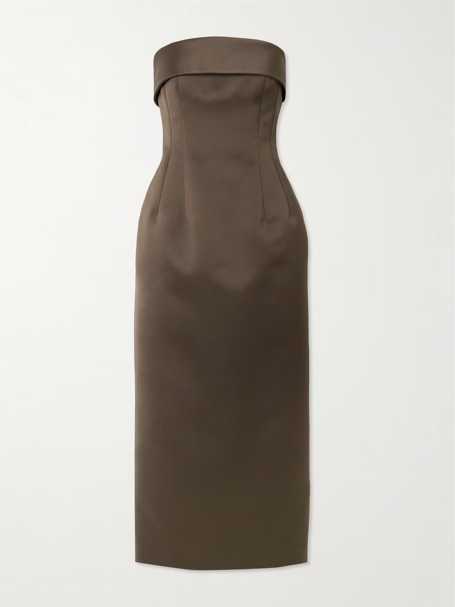 A brown strapless satin dress
