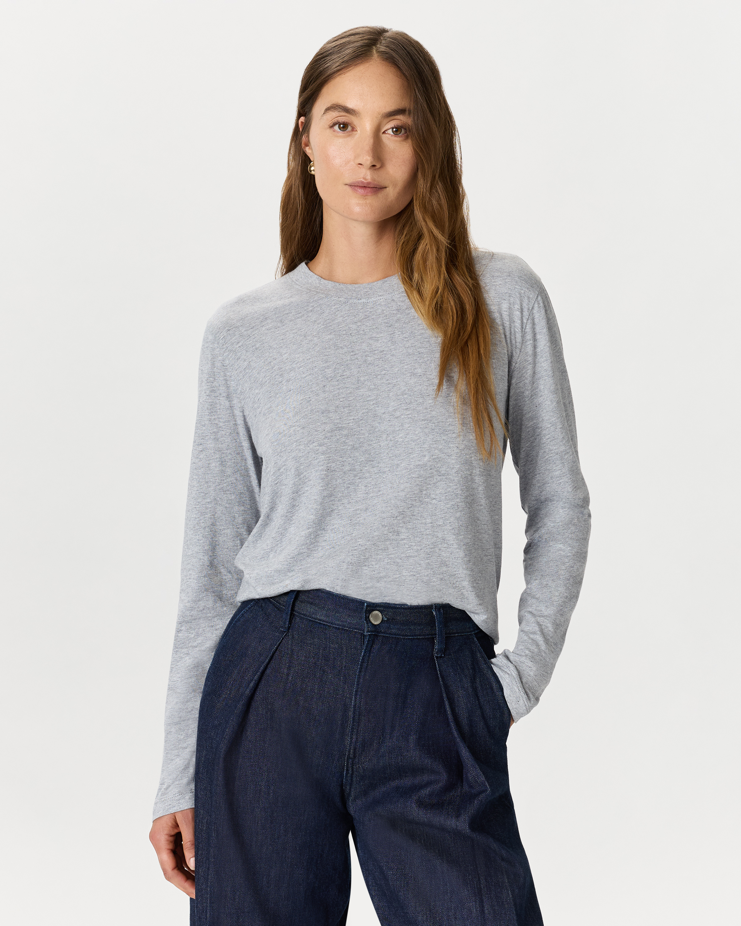Cotton Modal Relaxed Long Sleeve Tee in Heather Grey