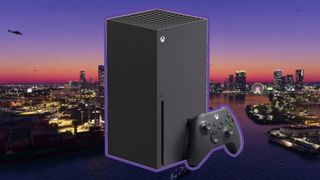 An Xbox Series X shown against a city skyline