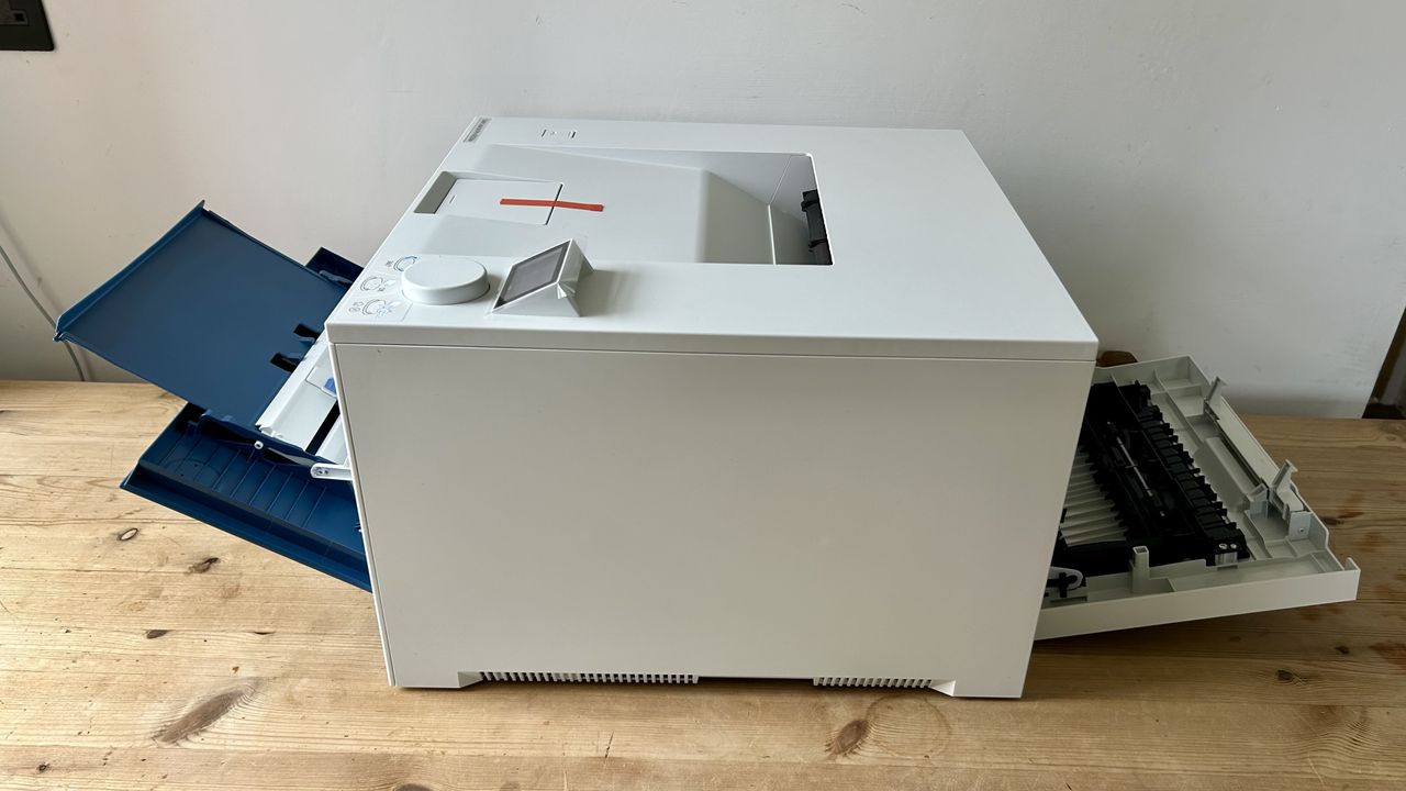 The HP Color LaserJet Pro 4201dw laser printer during our tests in a home office