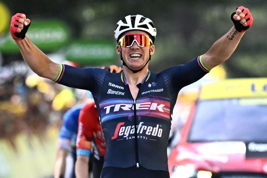 TrekSegafredo teams Danish rider Mads Pedersen celebrates as he cycles to the finish line to win the 13th stage of the 109th edition of the Tour de France cycling race 1926 km between Le Bourg dOisans in the French Alps and SaintEtienne in central France on July 15 2022 Photo by AnneChristine POUJOULAT AFP Photo by ANNECHRISTINE POUJOULATAFP via Getty Images