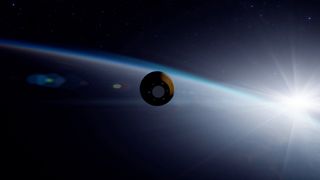 a cone-shaped capsule flies through space just above Earth's atmosphere