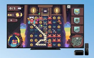 The Grindstone puzzle game with a grid of monsters, boulders and lines coming to and from a warrior, is on an TV next to the Apple TV and remote.