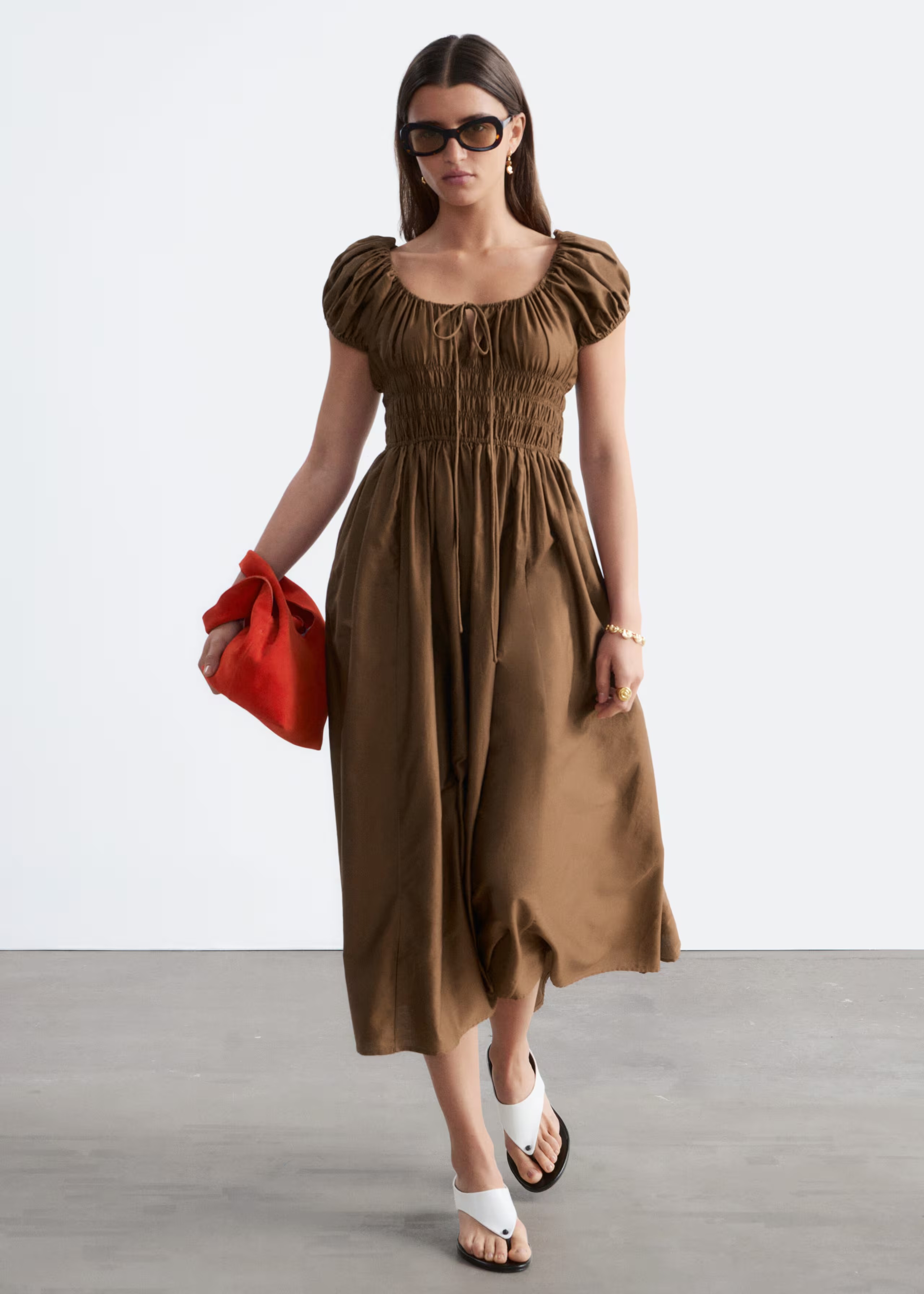 Smocked Waist Midi Dress - Brown