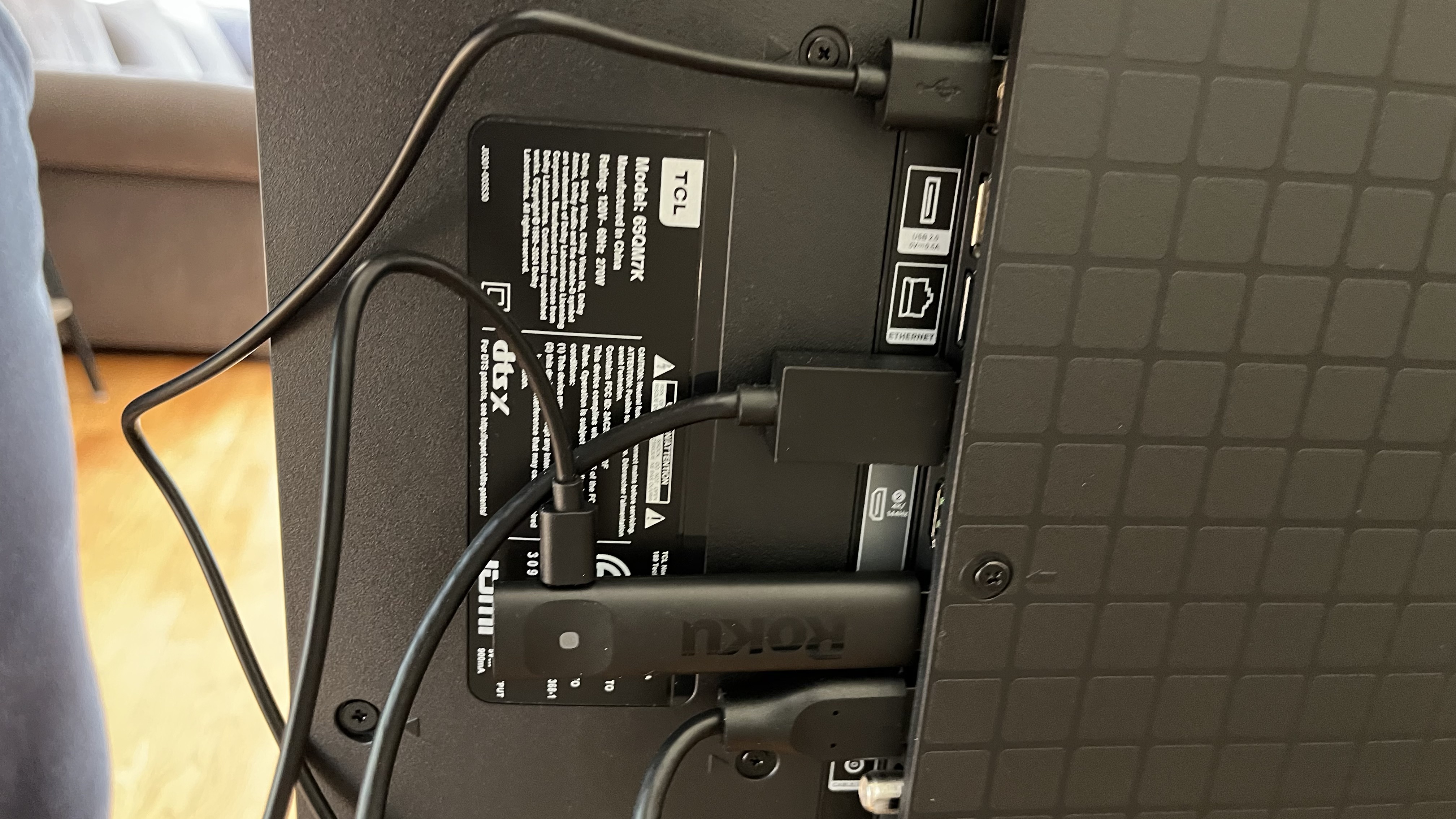 Roku Streaming Stick Plus connected to TV HDMI and USB ports