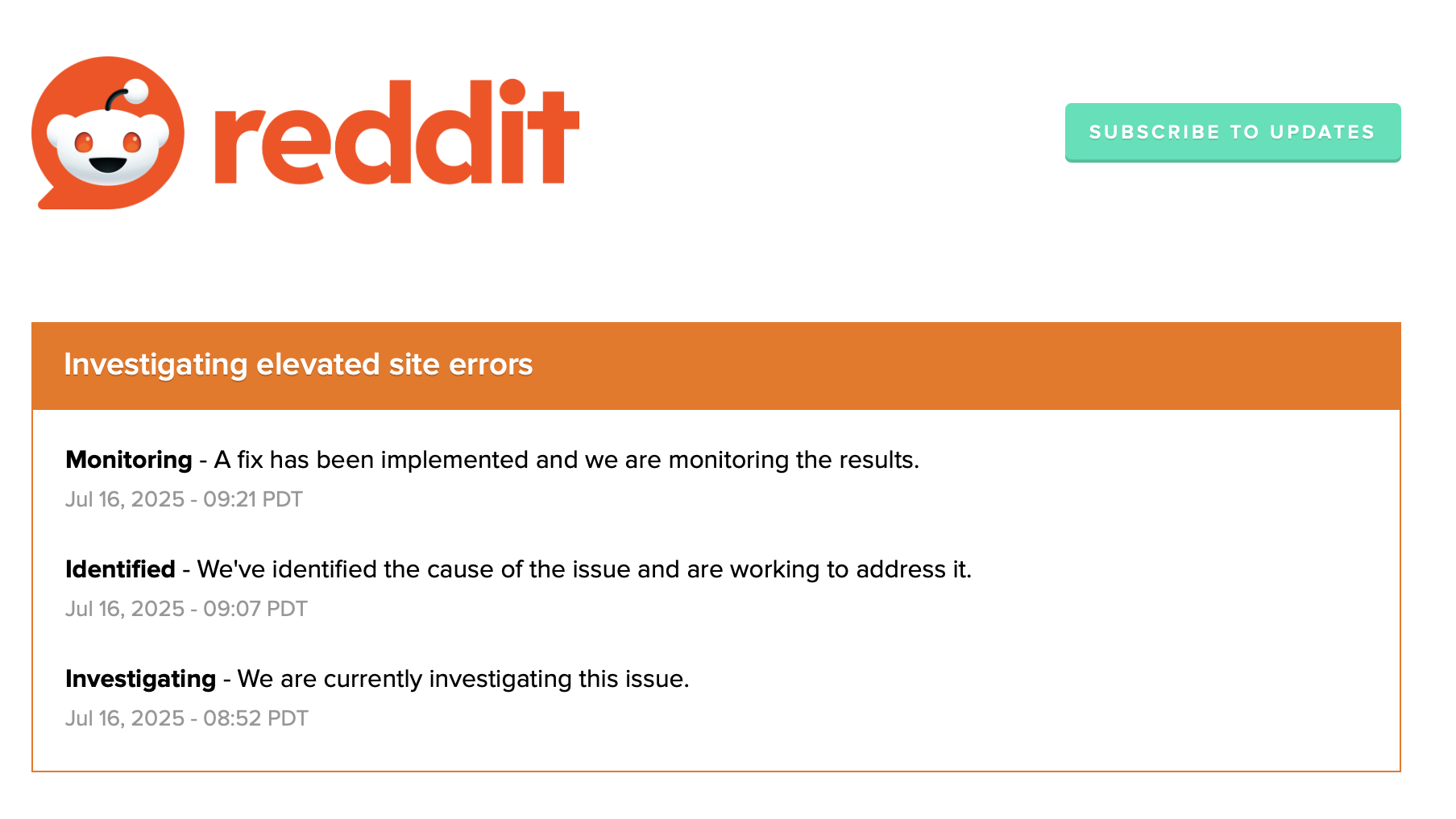 Reddit Status Page