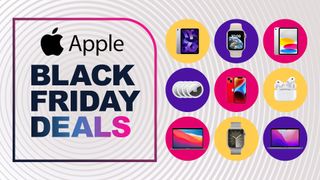 Assorted Apple products on grey background with Black friday deals text overlay