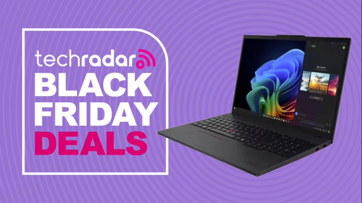 Lenovo ThinkPad T16 Gen 4 (AMD) on a purple background next to a TechRadar badge reading 'Black Friday deals'