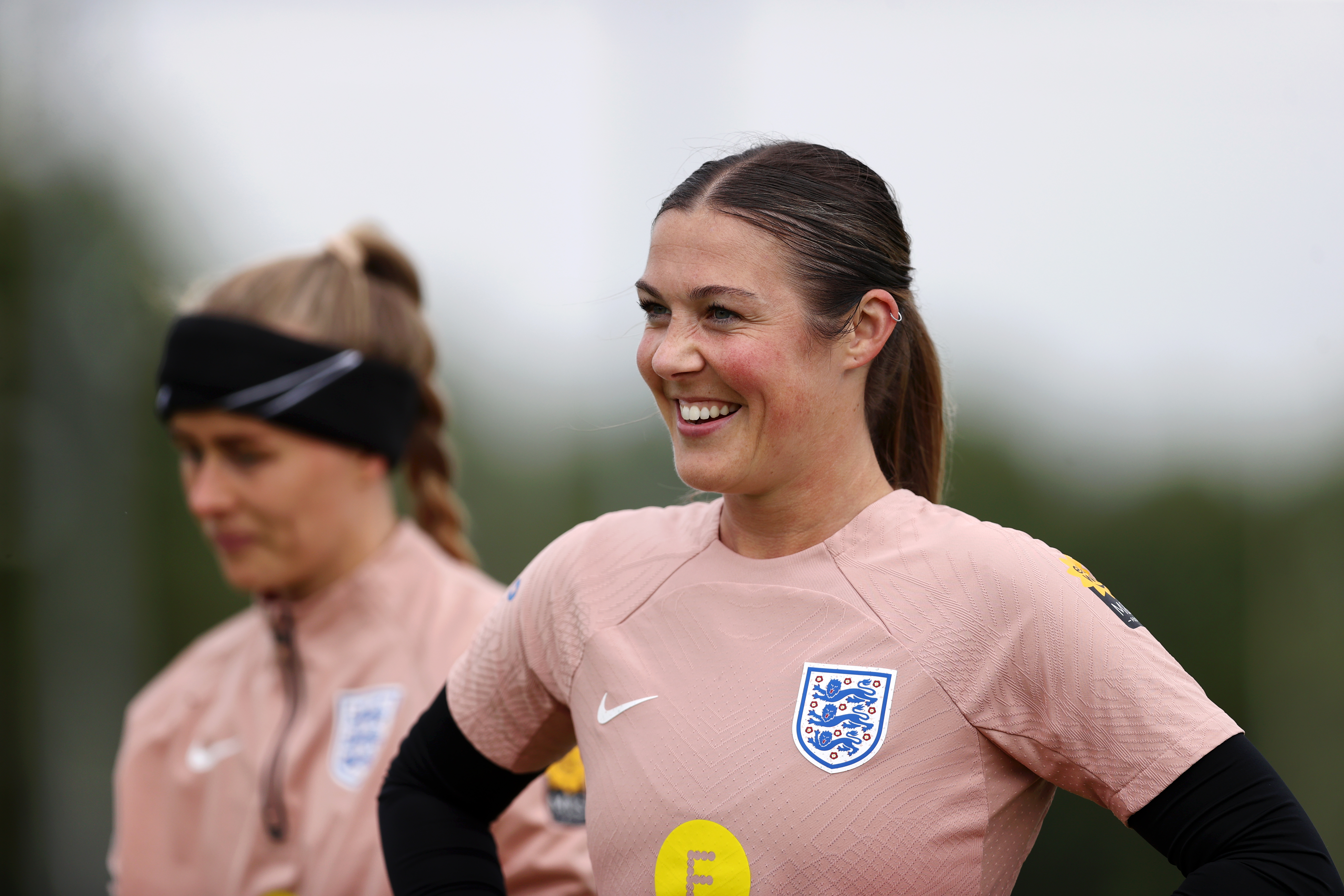 NOORDWIJK AAN ZEE, NETHERLANDS - JULY 01: Hannah Hampton and Mary Earps of England during a training session on July 01, 2024 in Noordwijk aan Zee, Netherlands.