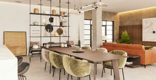 70s inspired interior design trend in an open plan living room with green velvet chairs around a dining table or room dividers