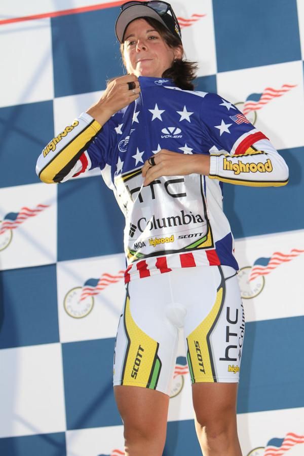 Evelyn Stevens (HTC-Columbia) pulls on her stars and stripes jersey