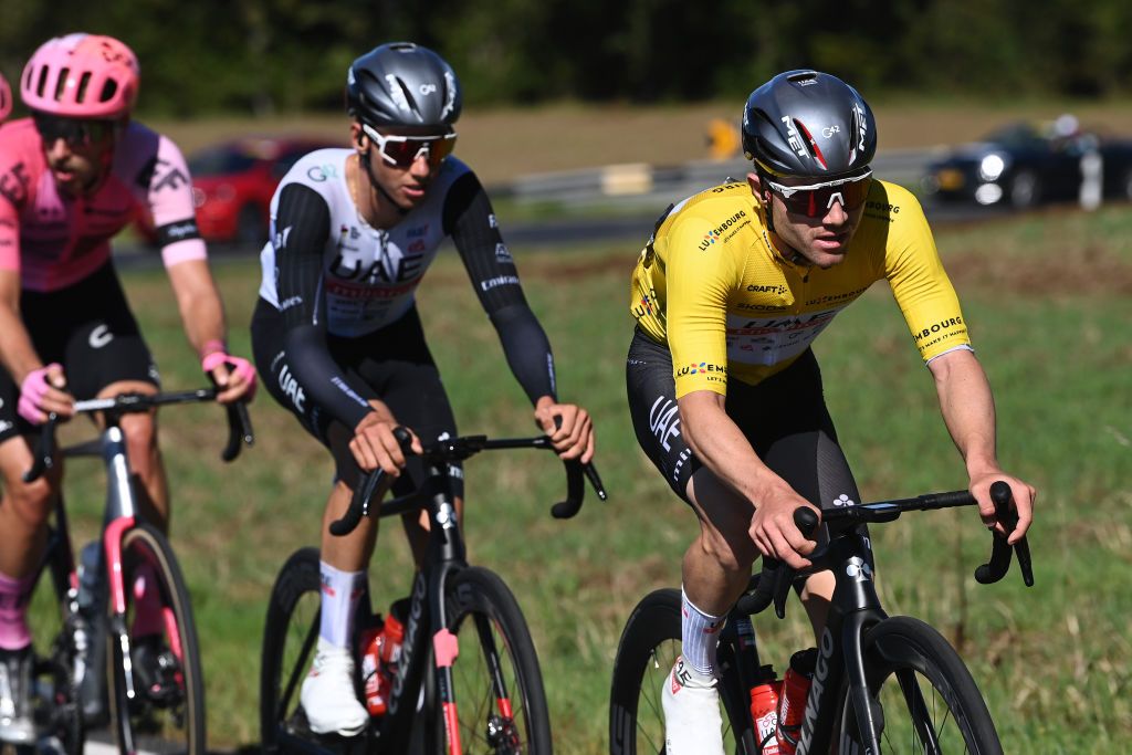 LIMPERTSBERG LUXEMBOURG SEPTEMBER 24 Marc Hirschi of Switzerland and UAE Team Emirates Yellow Leader Jersey competes during the 83rd Skoda Tour Luxembourg 2023 Stage 5 a 1722km stage from Mersch to Luxembourg Limpertsberg on September 24 2023 in Limpertsberg Luxembourg Photo by Tim de WaeleGetty Images
