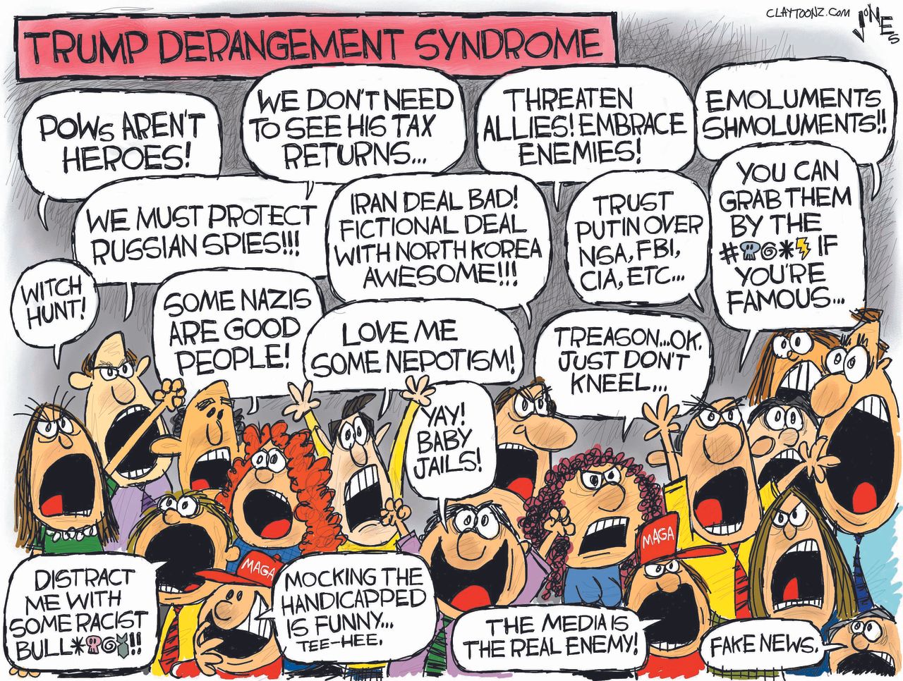 Political cartoon U.S. Trump derangement syndrome Russia witch hunt fake news POWs tax returns