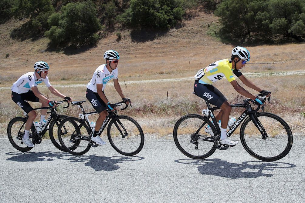 Team Sky's Egan Bernal leads the race, and his teammates, on stage 3 of the 2018 Tour of California