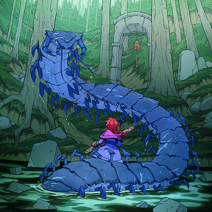 An illustration of a huge serpent and a young female character