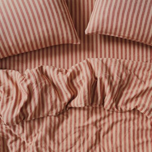 Piglet in Bed, Sandstone Red Pembroke Stripe Linen Blend Duvet Cover