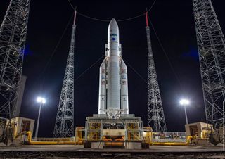 An Ariane 5 rocket stands ready for launch at the Guiana Space Center near Kourou, French Guiana, ahead of the VA250 mission to launch the TIBA-1 and Inmarsat GX5 communications satellites into orbit.