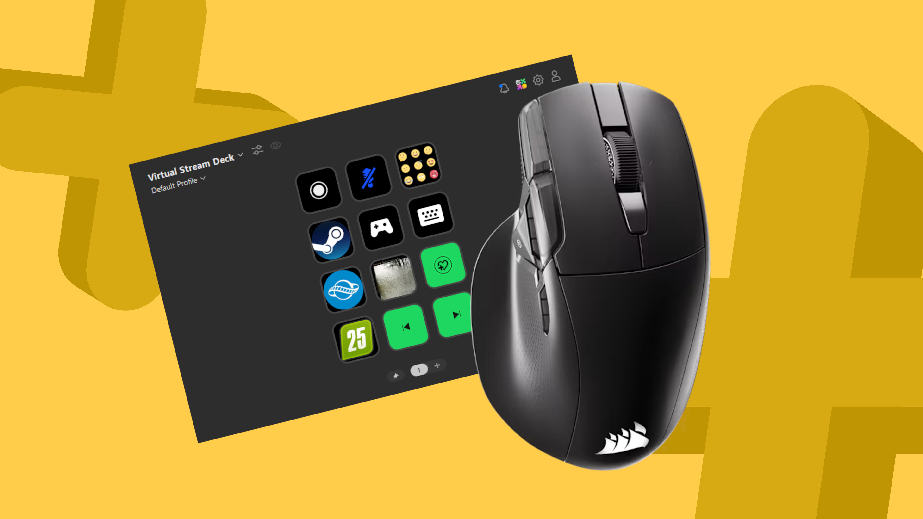 Corsair Nightsword V2 Wireless gaming mouse with virtual Stream Deck interface on a yellow background