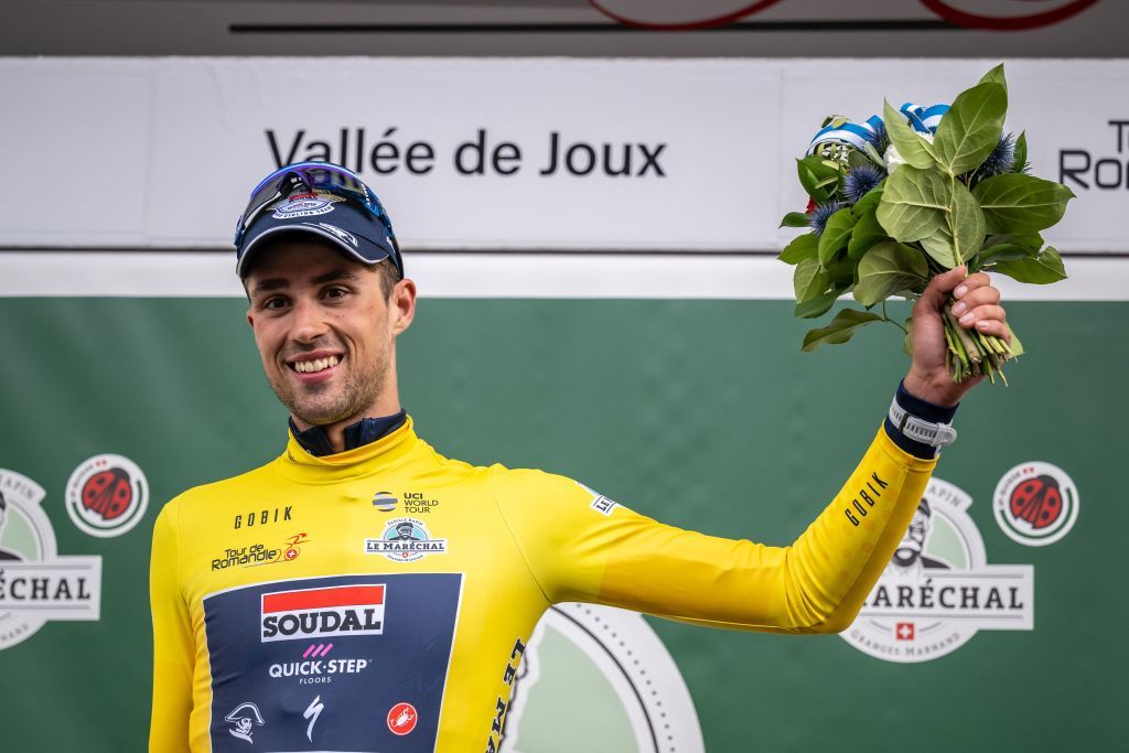 Britains Ethan Vernon celebrates with his yellow jersey of overall leader after winning the first stage of the Tour of Romandie UCI cycling World tour 1709 km from Crissier to Vallee de Joux in the Sentier on April 26 2023 Photo by Fabrice COFFRINI AFP Photo by FABRICE COFFRINIAFP via Getty Images