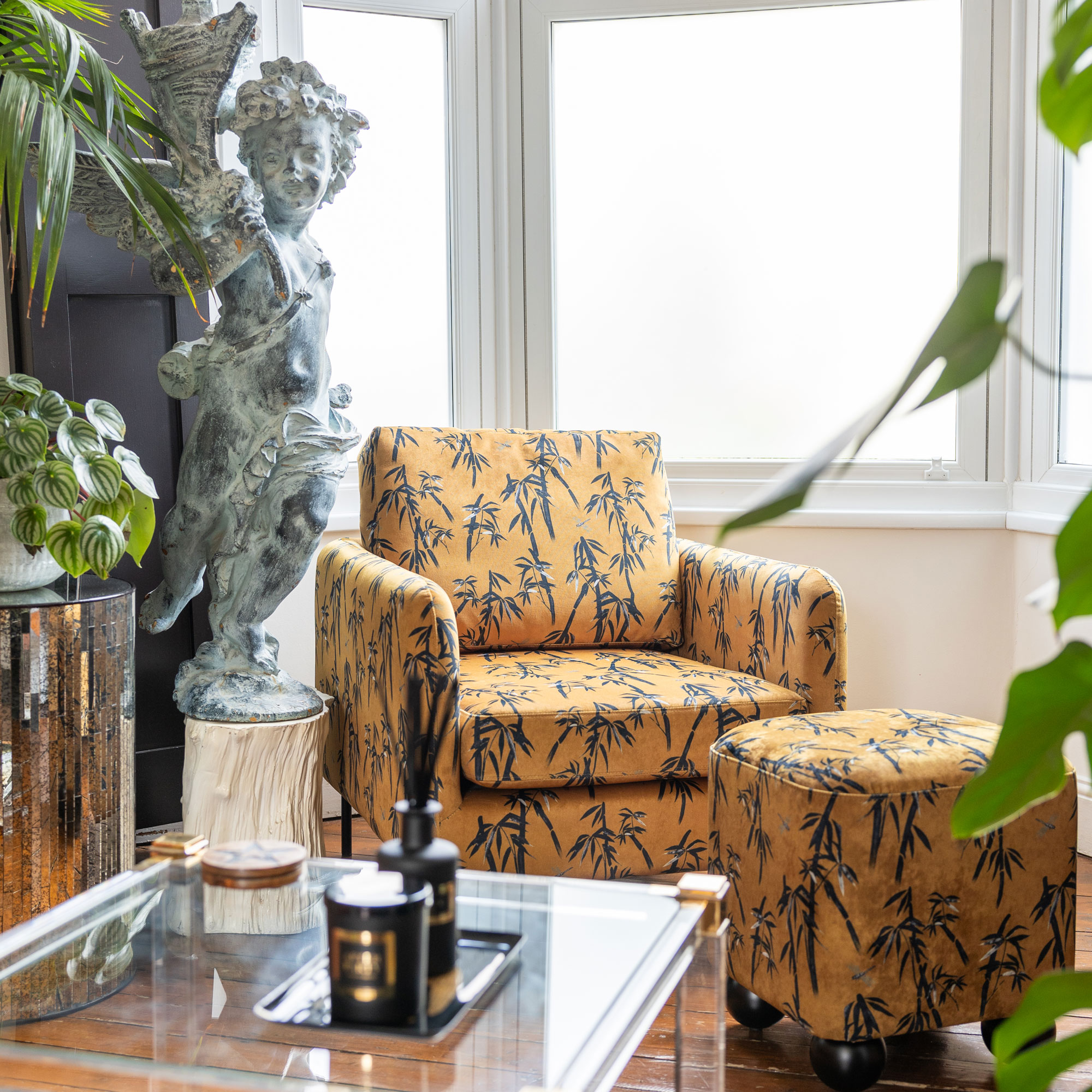 Gold bamboo print chair in living room