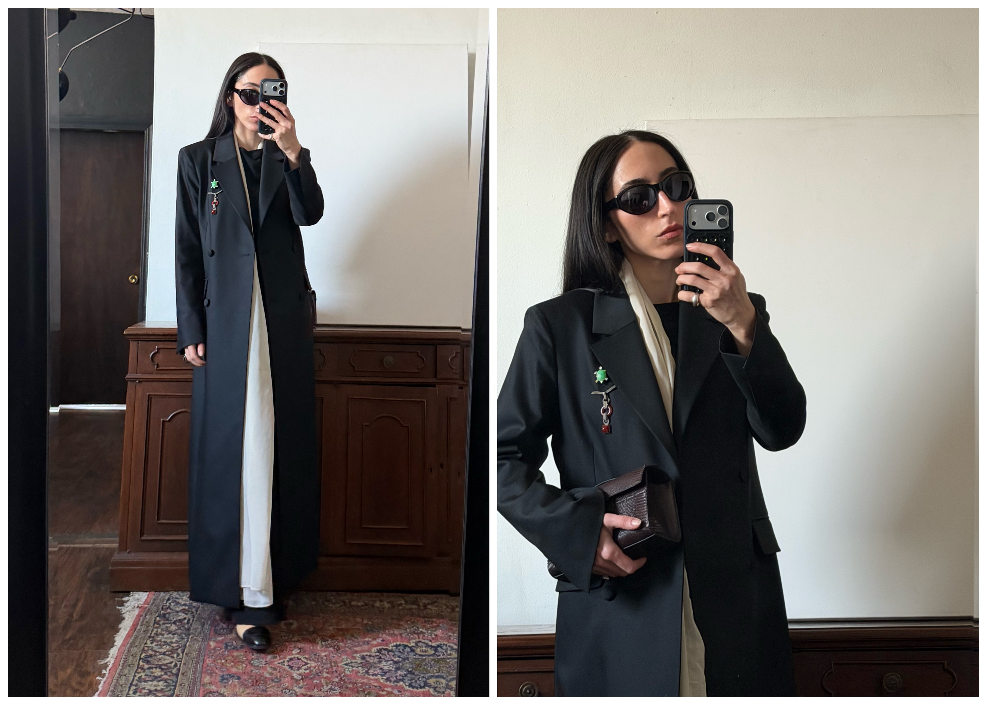 collage of Alexis Badiyi wearing a long blazer