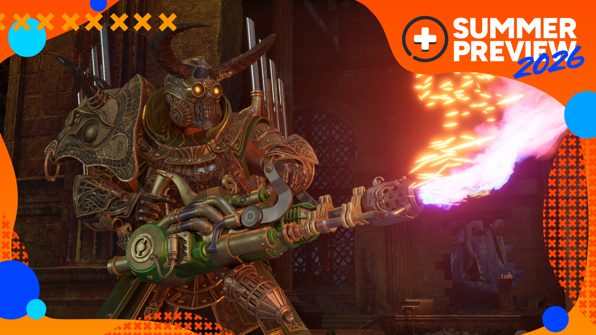 An armored person shoots a flamethrower in Clockwork Revolution