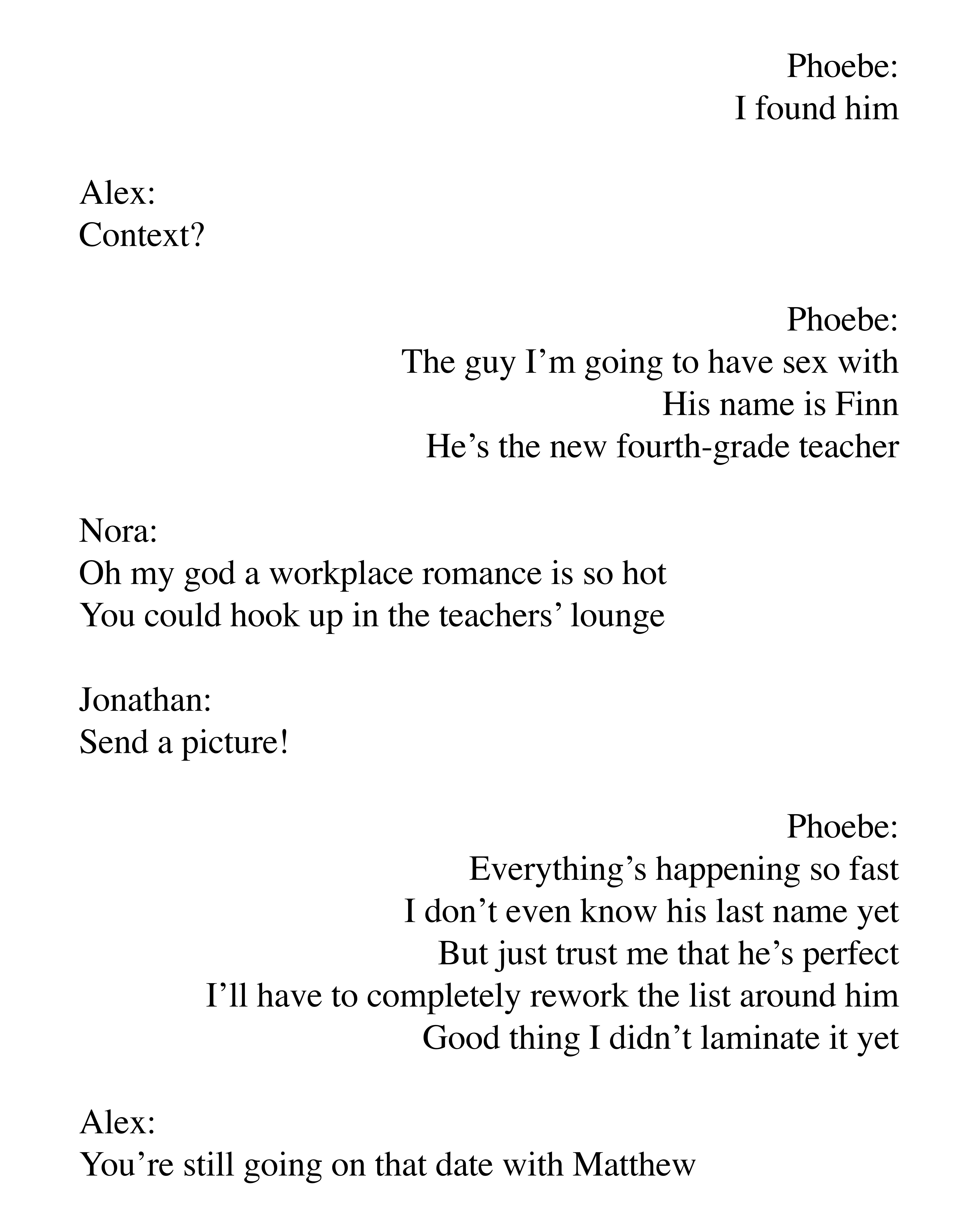 text from the book phoebe berman's gonna lose it formatted as text messages flushed right and left