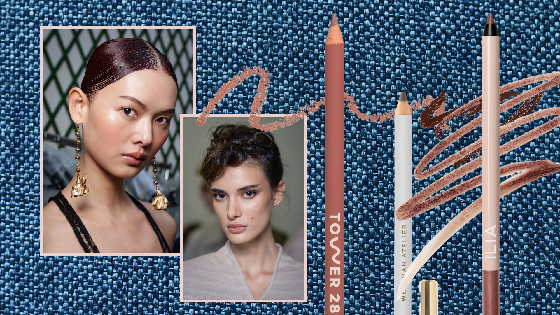 two models wearing eyeliner on a denim background next to eyeliners