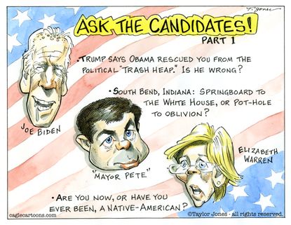 Political Cartoon U.S. Ask the Candidates Biden Buttigieg Warren
